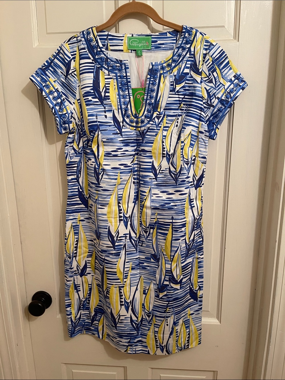 NWT Pappagallo Blue, Yellow & White Embroidered V-Neck Dress